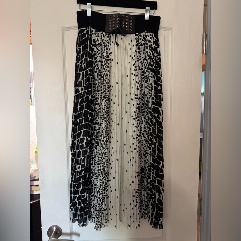 Black and White Maxi A-Line Skirt with Pleats